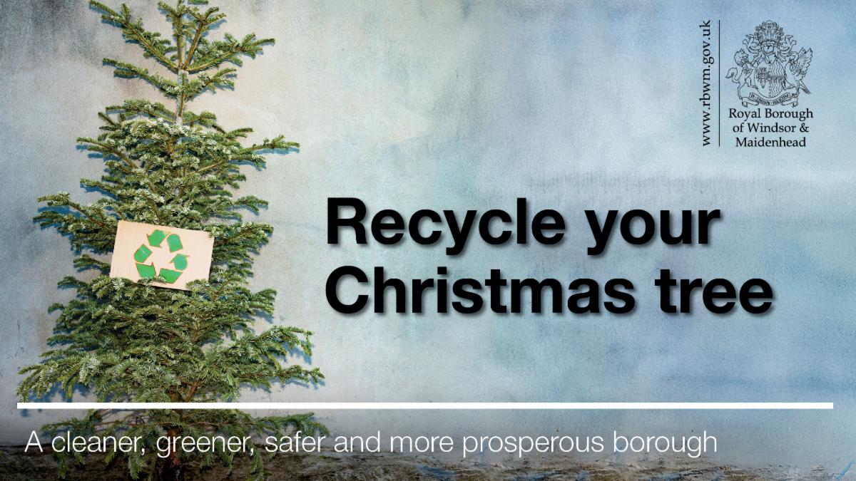 Christmas tree against blue background accompanied by recycling sign. A cleaner, greener, safer and more prosperous borough